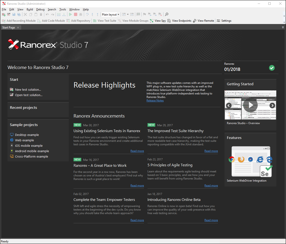 Ranorex Studio start page