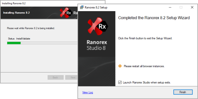 Ranorex setup wizard – installation progress (left) & final success information (right)
