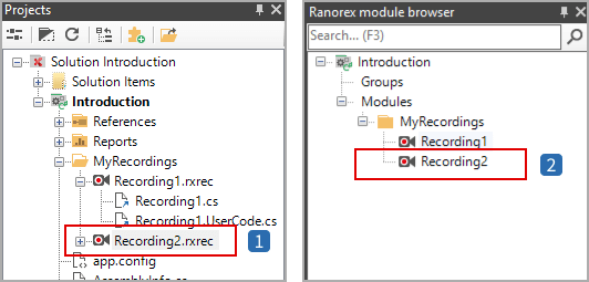 New recording module in project file view and module browser view