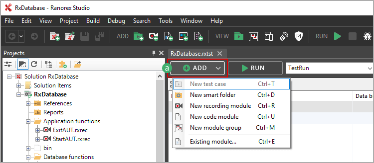 Adding test suite items using the ADD button