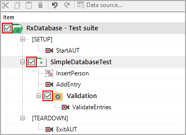 Selection checkboxes for test suite elements