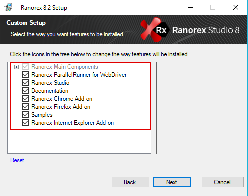 Ranorex setup wizard – feature selection