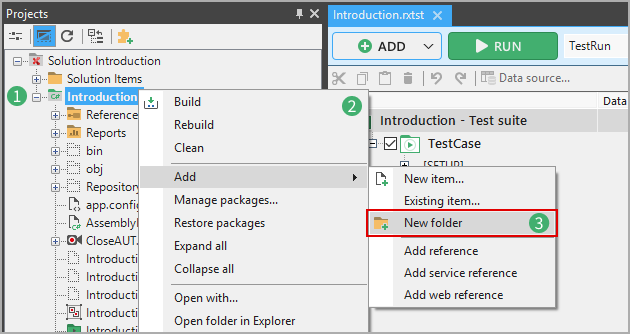 Creating a new folder in the project file view