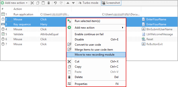 Context menu for multiple-action settings
