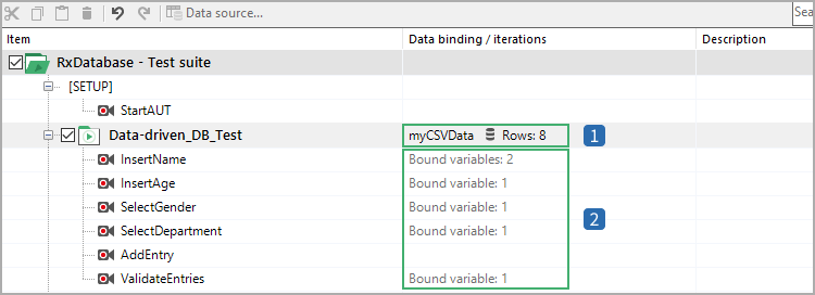 Resulting test suite view with bound variables