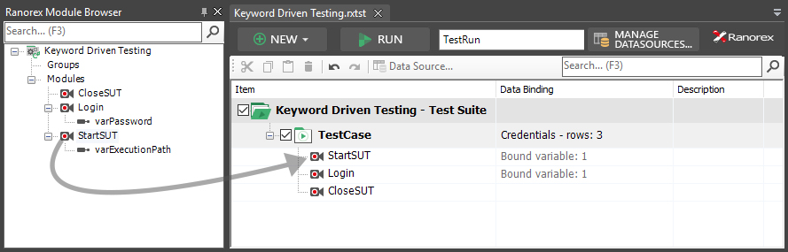 Drag keyword from module browser for keyword driven test automation