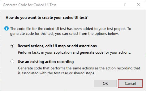 Cancel Generate Code for CodedUI Test